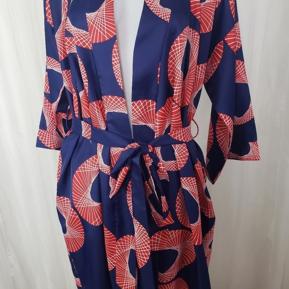 Vintage B. Cohen for Saks Fifth Avenue kimono robe blue red geometric pattern - Picture 3 of 13